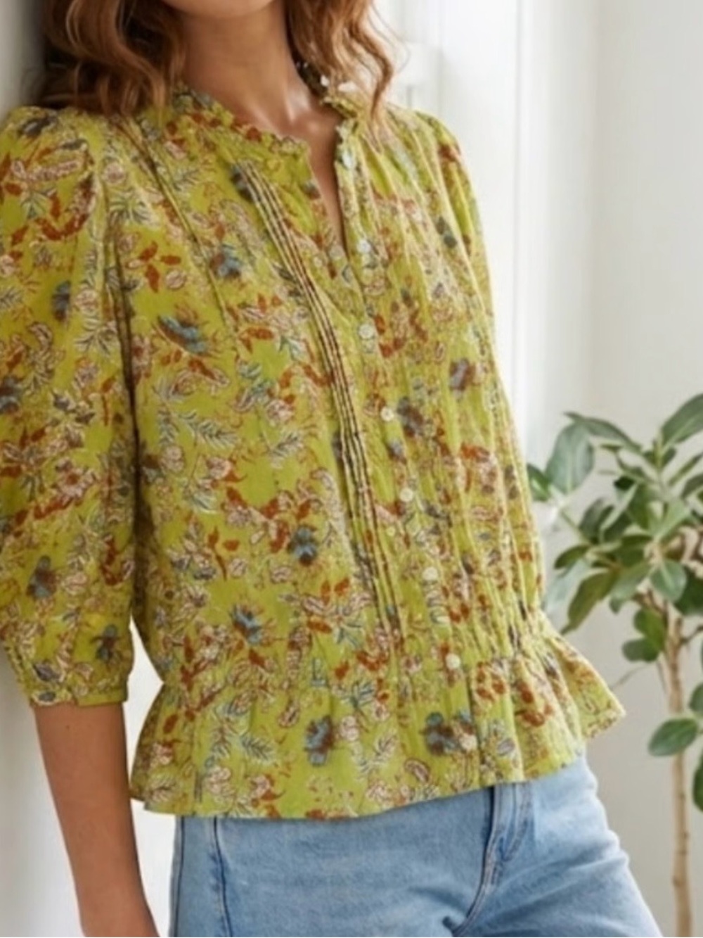NWT Sam Edelman Green Floral Button Up Blouse Elastic Waist Pleated Size Medium